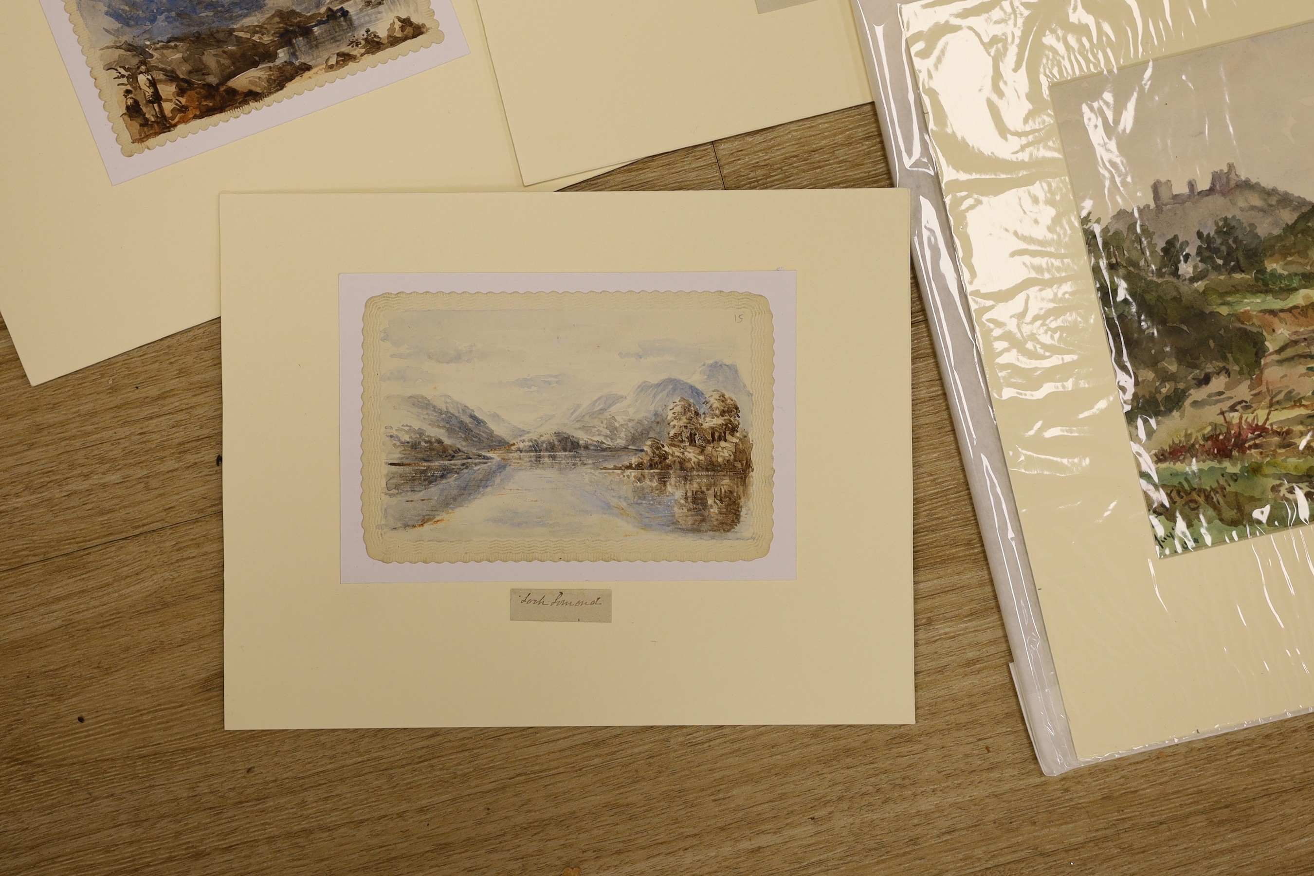 Elizabeth Denston and Robert Hay Drummond, a collection of assorted unframed watercolours, Loch scenes and Views along the Cotes d'Azur, largest 23 x 12cm
